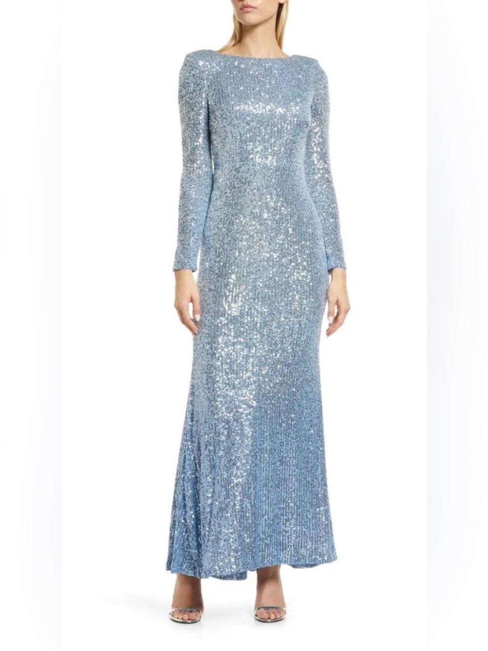 Eliza J Long Sleeve Boat Neck Sequin Blue Gown black tie wedding guest dress 4